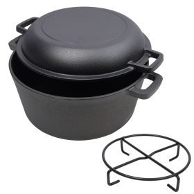 2 in 1 Pre-Seasoned Cast Iron Dutch Oven With Dual Handles, Outdoor Camping Deep Pot for Camping Fireplace Cooking BBQ Baking Campfire